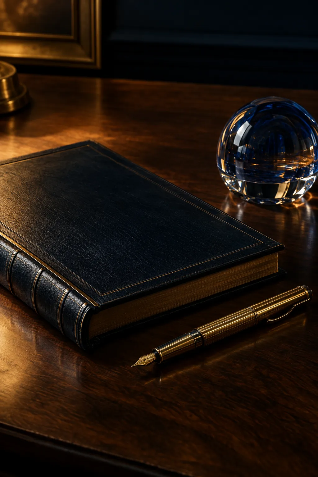 A leather ledger and brass pen