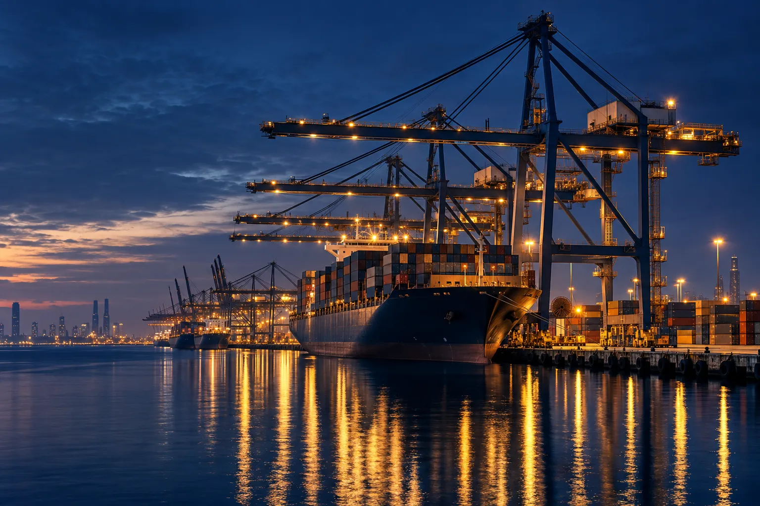 A container port at blue hour